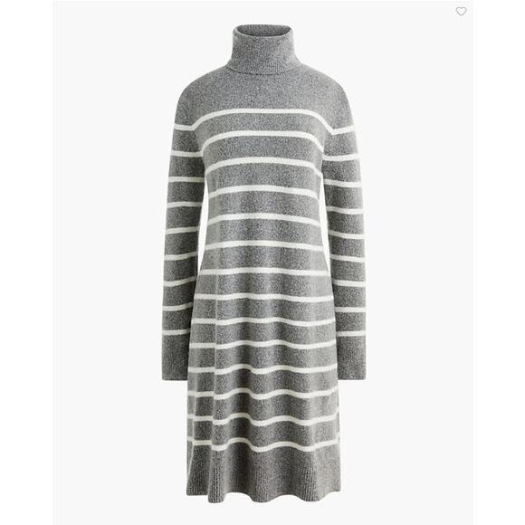 J Crew Women XS Relaxed Sweater Dress Gray White Striped Wool Blend Turtleneck - Picture 1 of 9